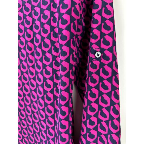 Diane von Furstenberg Silk Button Blouse Pink Navy Top Lorelei Chain DVF Size 8 - Picture 7 of 16